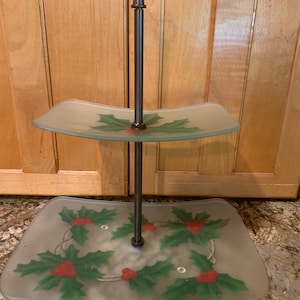 Holiday Holly & Berries Two Tier Glass Snack Tray NEW in Original Box.