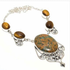 Stunning Rhyolite Jasper and Tiger’s Eye Sterling Silver Necklace NEW