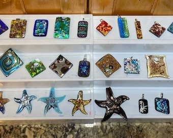 Hand Blown Stunning Glass Pendants NEW Squares, Ocean, Starfish, Floral, Snakes, Rectangles and More. One-of-a-kind!!