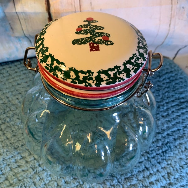 Large Glass Christmas Jar with Ceramic Vintage Christmas Tree Lid and Metal Closure Clasp in Excellent Condition!!