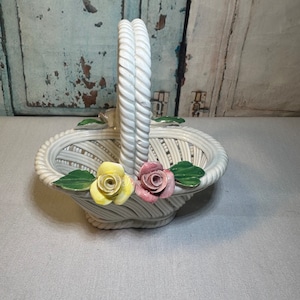 Capodimonte Oval Basket - Woven Ceramic Basket with Pink and Yellow Flowers.