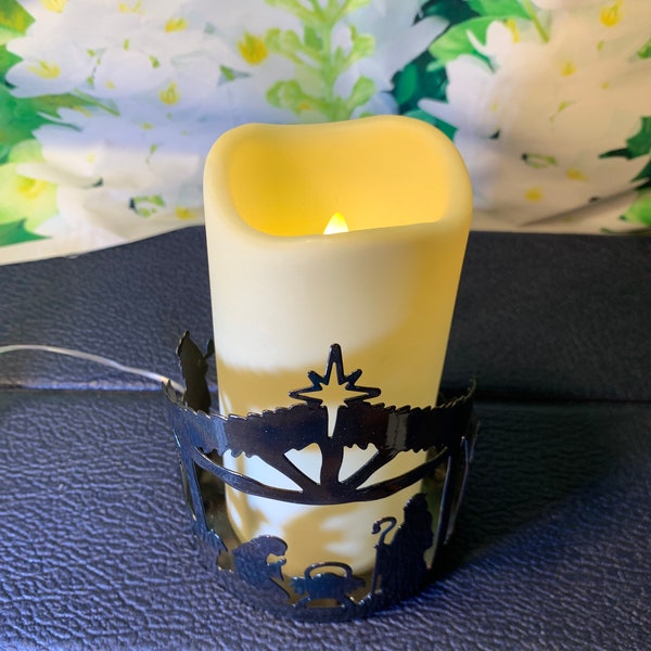 Nativity Flameless Candle- Vintage Faux Candle with Metal Nativity Scene Battery Operated in Excellent Condition!