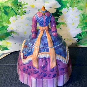 Dressmaker Floral Dress Cookie Jar- Vintage Ceramic Hand Painted Lidded Cookie Jar with Lady’s Dress in Excellent Condition!