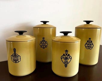Canister Set.  Metal, Mid Century Westbend Yellow Ombré. Coffee, Tea, Sugar and Flour