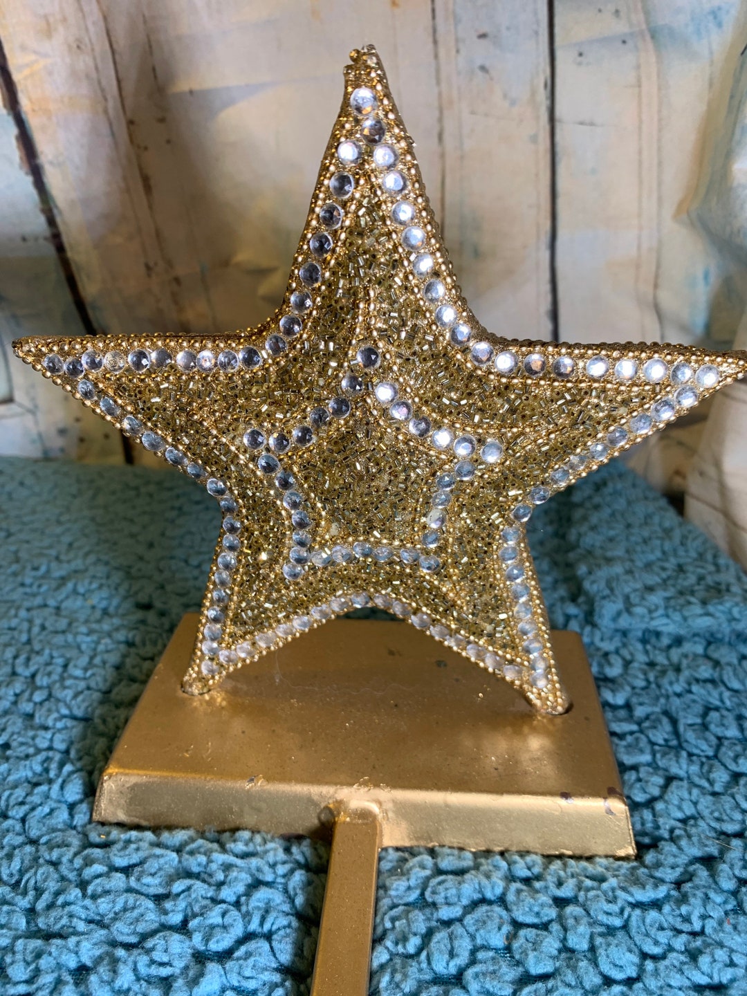Christmas Star Stocking Holder Heavy Vintage Gold Sparkly Star Stocking