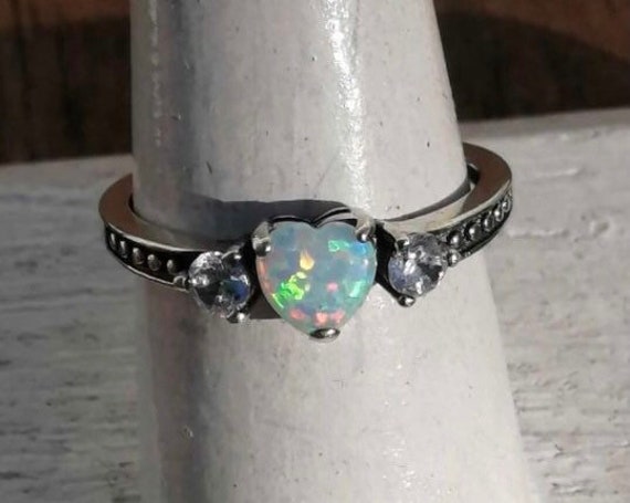 Heart Opal and Cubic Zirconia in Sterling Silver Ring Size