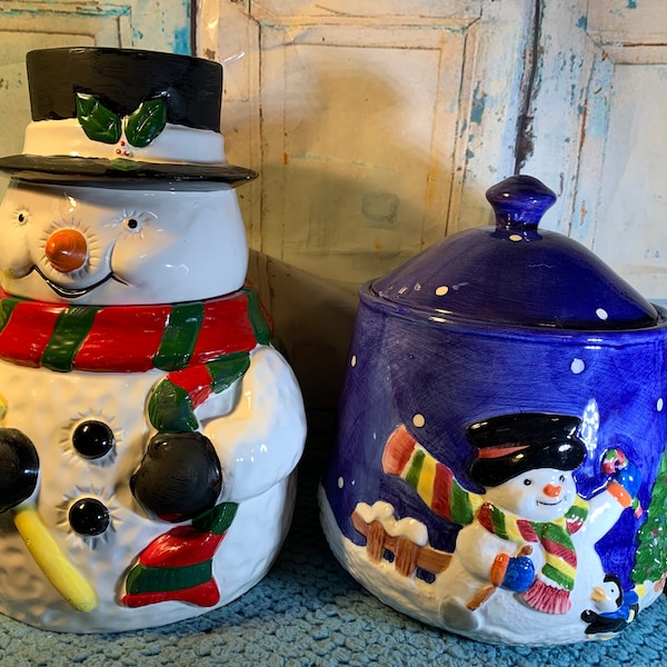 Kerst Cookie Jars Vintage Sneeuwpop en Sneeuwpop met Pinguïn