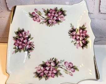 Vintage Made in Japan Porcelain Square Plate, Pink Floral Gold Trim Scalloped Plate, Cottagecore Decor
