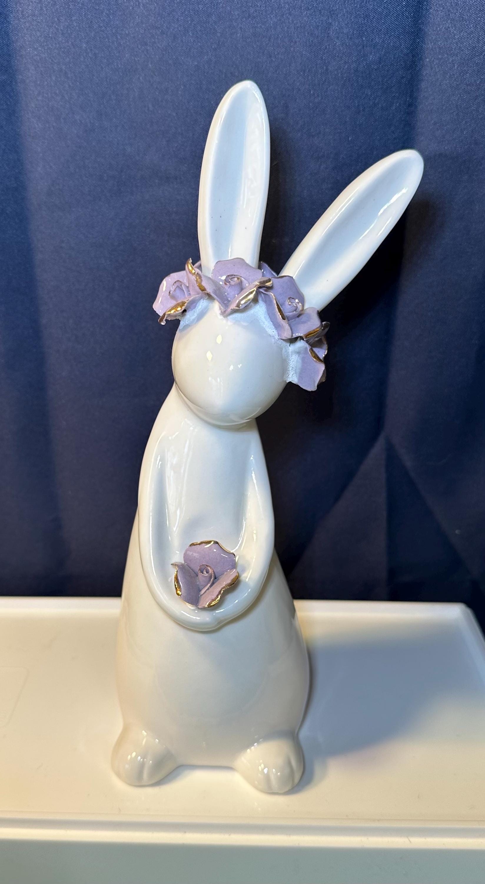 Bunny Figurine, Cupcakes and Cashmere Bunny, Adorable White Bunny with Purple Flowers