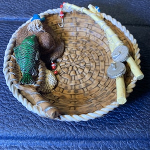 Fishing Trinket Dish- Vintage Fishing Themed Trinket or Jewelry Dish with Fishing Gear in Basket in Excellent Condition!