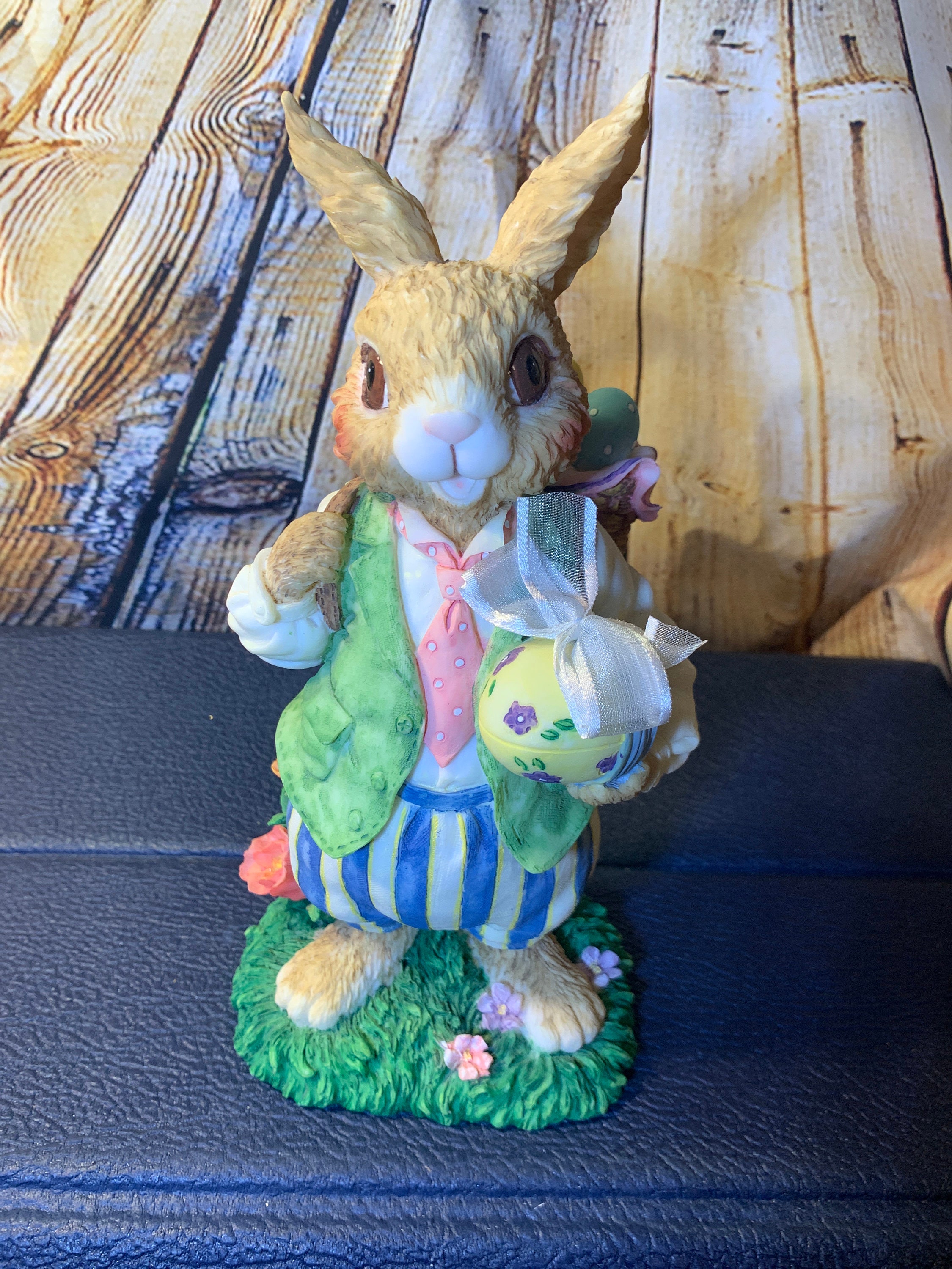 Easter Bunny Figurine- Large  Easter Bunny with Bag of Easter Eggs with Flowers in Excellent Condition!