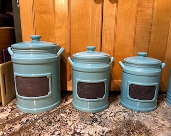 Ceramic Teal Canister Set.  Vintage Set of Three with Chalkboard to Easily Label. Milk Can Style Canisters with Handles and Seals.