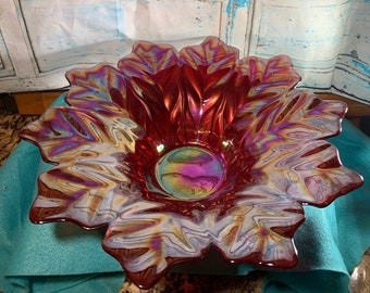 Gorgeous Akcam Decorative Handmade Turkish Deep Pink Floral Large Glass Bowl Shows a Rainbow of Colors in Different Lighting.