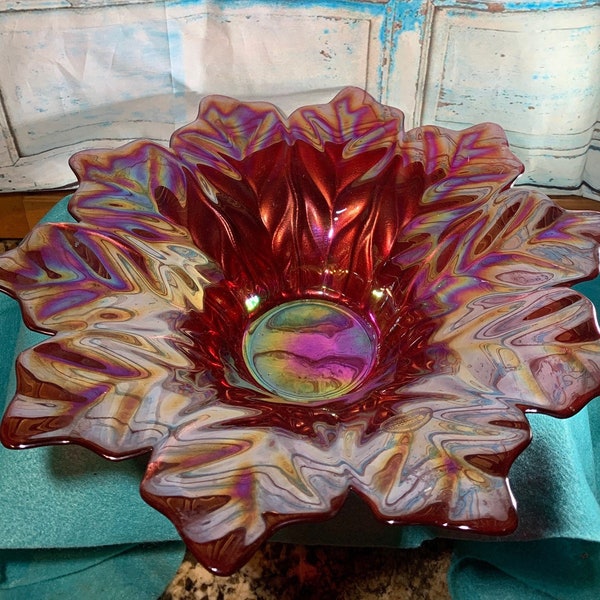 Gorgeous Akcam Decorative Handmade Turkish Deep Pink Floral Large Glass Bowl Shows a Rainbow of Colors in Different Lighting.