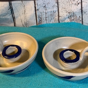 Candle Stock Holders Handmade and Painted Beige and Blue Stoneware Set of Two in Excellent Condition!