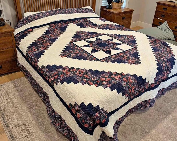 Vintage King Quilt 103"x97" Amish Made, Lone Star Log Cabin Pattern ...