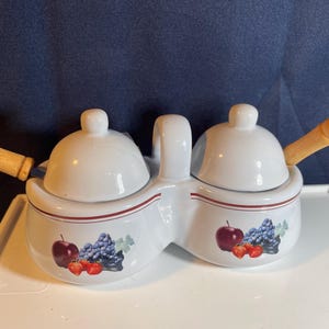 Ceramic Vintage Jelly or Sugar Bowls with Lids and Spoons. Fruit Design on Front in Excellent Condition!