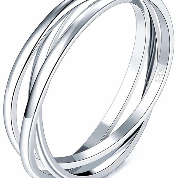 Genuine Sterling Silver Ring Triple Interlocked Rolling High Polish Ring Several Sizes!