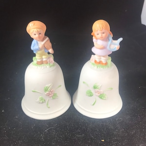 Vintage Homco Boy with Violin and Girl with Harp Bells #1416 perfect condition