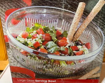 Large Glass Salad Bowl Serving Bowl with Chrome Edges. NEW in Original Box Get Ready for the Holidays!