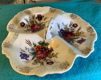 Vintage Floral Ceramic Divided Condiment Dish with Gold Accents