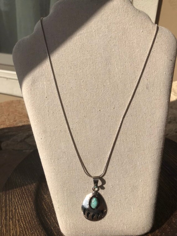 Zuni Signed Bear Paw Turquoise / Sterling Necklace - image 2