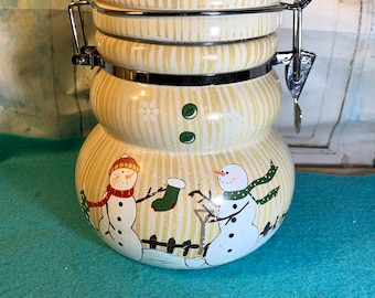 Christmas Cookie Jar Vintage Ceramic Christmas Cookie Jar: Snowman Scene Canister