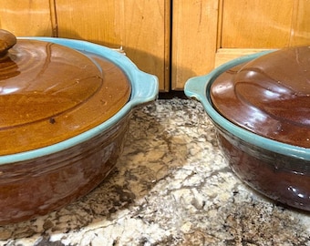 Lidded Casserole Dishes. Vintage John B. Taylor / Zanesville Pottery "Country Fare" Turquoise and Bronze.  Covered Stoneware. Two Sizes Avai