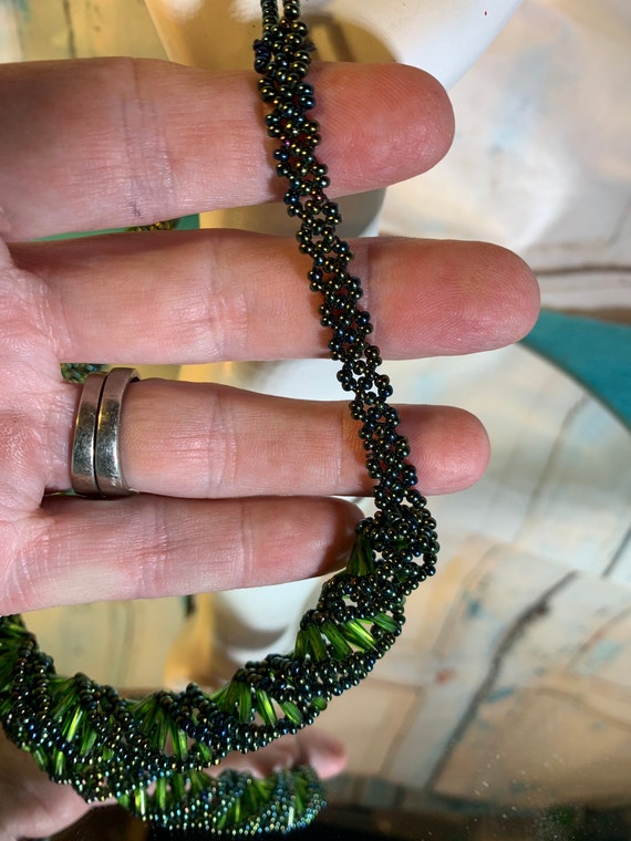 Hand Beaded Stunning Vintage Green Glass Beaded Neckl… Gem
