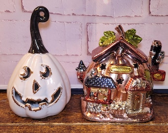 Halloween Tea Light Holders, Your Choice! White Pumpkin or Pumpkin Palace Ceramic Luminary. Lights Included. Your Choice!