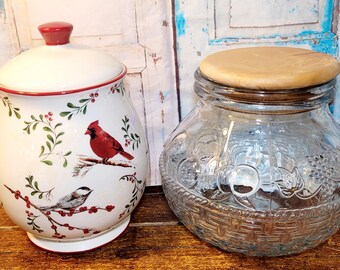 Vintage Jars. Winter Forest Cookie Jar by Better Homes and Gardens or Clear Glass Fruit Basket Apothecary Jar, Your Choice!!