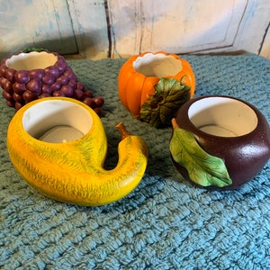 Fall Tea Candles Holders Set of Four Fruit and Vegetable Shaped Tea Candle Holders in Original Box in Excellent Condition!!