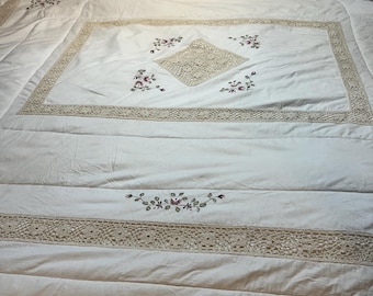 Romantic King Sized Bedspread.  Approx 98"x110" Crocheted and Embroidered Floral Accents. Luxury Bedspread