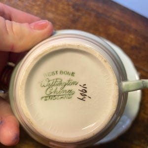 Może przedstawiać: Zestaw filiżanki i spodka do herbaty w stylu vintage, w kolorze jasnozielonym i białym. Na spodzie filiżanki widnieje napis "Best Bone Wellington China England" w zielonym kolorze. Zestaw prawdopodobnie pochodzi z połowy XX wieku.