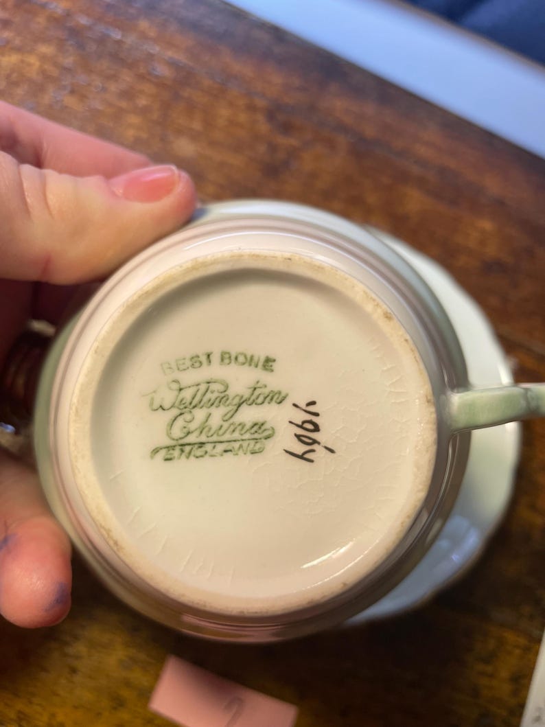 Może przedstawiać: Zestaw filiżanki i spodka do herbaty w stylu vintage, w kolorze jasnozielonym i białym. Na spodzie filiżanki widnieje napis "Best Bone Wellington China England" w zielonym kolorze. Zestaw prawdopodobnie pochodzi z połowy XX wieku.