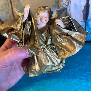 Christmas Collectable Vintage Fabric Mache Gold Angel Ornament NEW in Original Box!