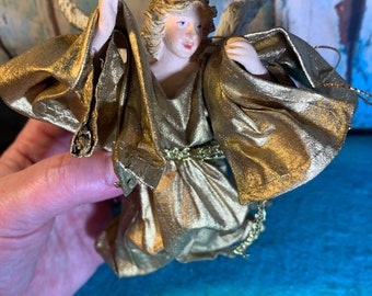 REDUCED  Christmas Collectable Vintage Fabric Mache Gold Angel Ornament NEW in Original Box!