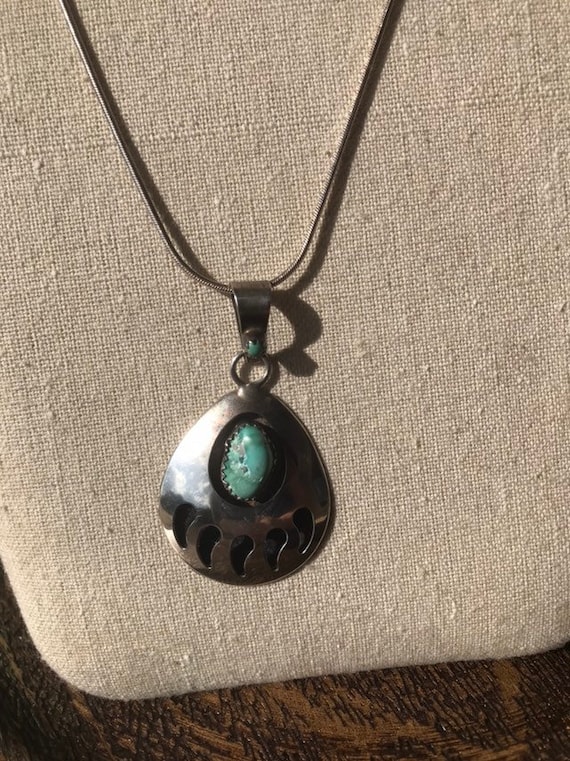 Zuni Signed Bear Paw Turquoise / Sterling Necklace - image 1