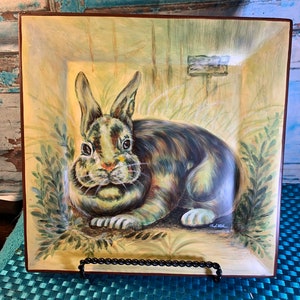 Hand Painted Bunny Plate- Ceramic Collectable Heavy Plate with Bunny Signed by Artist with Stand In Excellent Condition!