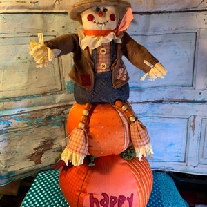 Happy Fall Scarecrow with Pumpkins- Vintage Fall Stuffed Scarecrow in Great Condition!