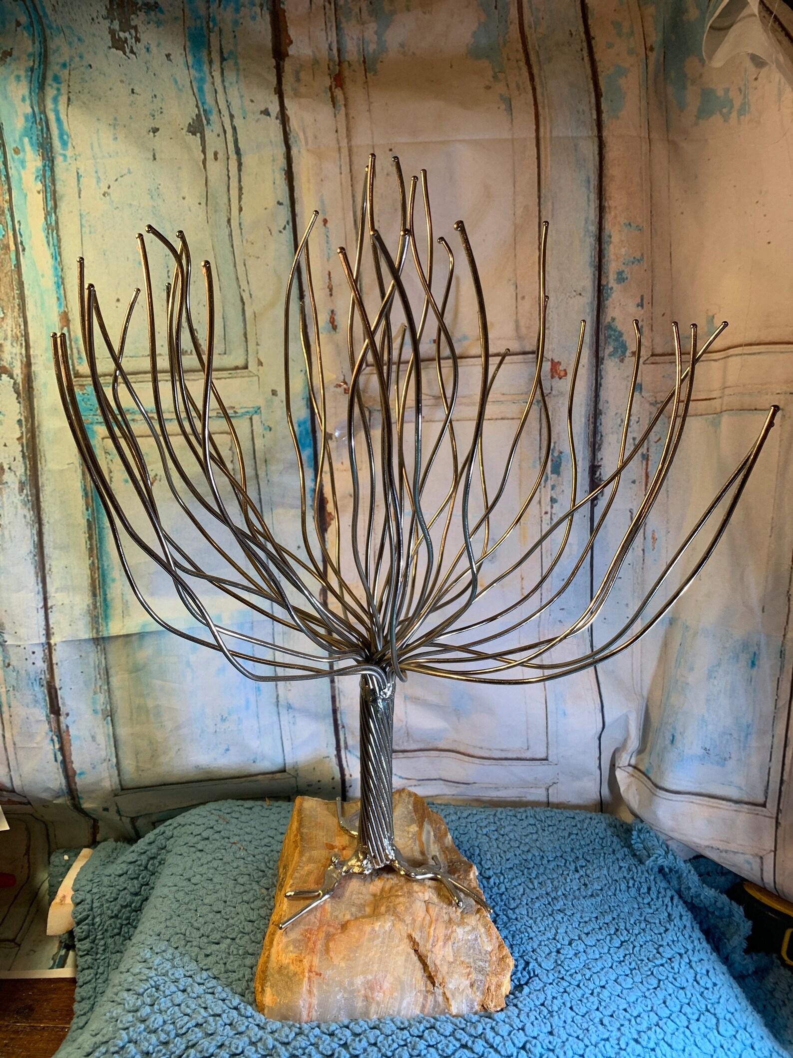 Beautiful Silver Metal Tree Sculpture on Quartz Rock. Perfect Etsy