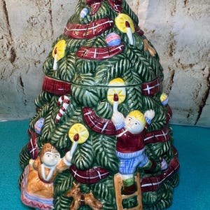 Christmas Tree Cookie Jar, The Cellar Hand Painted Christmas Tree Cookie Jar, Vintage Christmas Tree Cookie Jar with Kids Decorating.