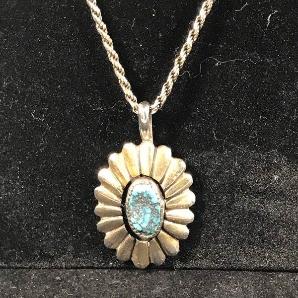 Navajo Sterling Silver and Turquoise Pendant Signed by Tommy Jackson on a Diamond Cut Sterling Silver Chain Vintage