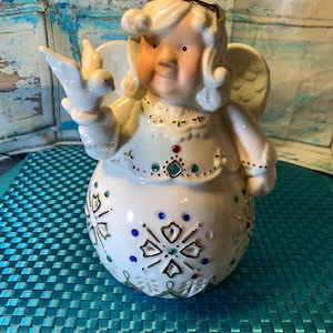 Angel Tea Candle Holder- Ceramic  Vintage Holiday Angel with Bird Tea Light Holder with Gold Accents in Excellent Condition!