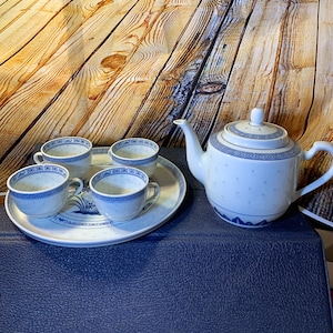 Floral Tea Set- Vintage Ceramic Blue and White Tea Pot with Plate and Four Tea Cups in Great Condition !