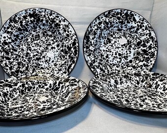 ホーロー皿、8インチ、黒と白の「飛び散り模様」サラダ/デザート皿、ホーローウェア、金属製皿4枚セット。RVやキャンプに最適な皿です。