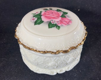 1960s Handpainted TILSO Made in Japan 53-139 Ceramic dish with lid trinket candy powder jewelry box type piece Pink ROSES