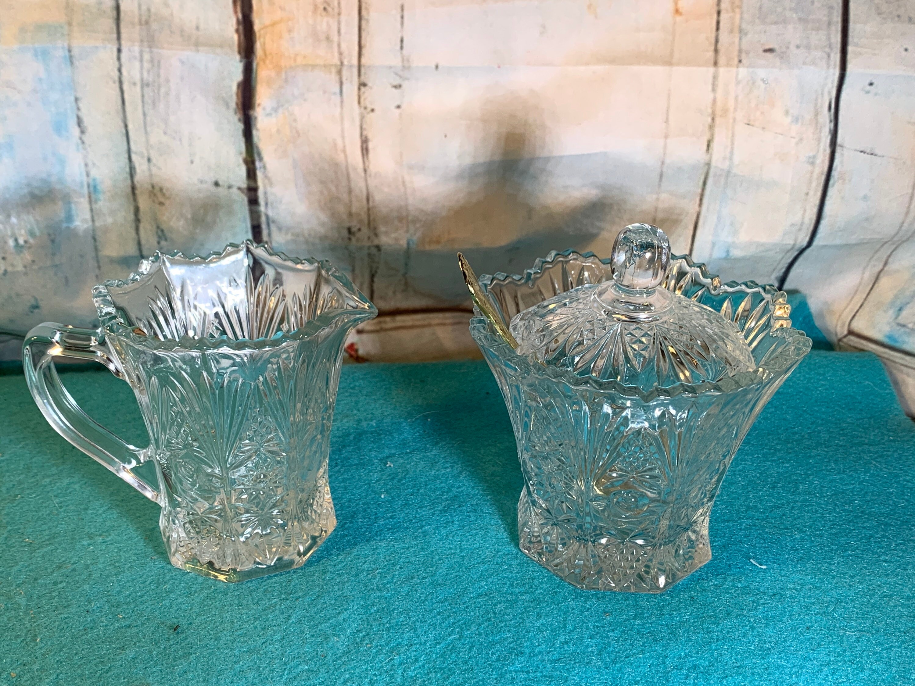 Set of Leaded Crystal Creamer and Sugar Bowl with Spoon Studio Nova by Mikasa Country Fair Pattern Like NEW Condition!!