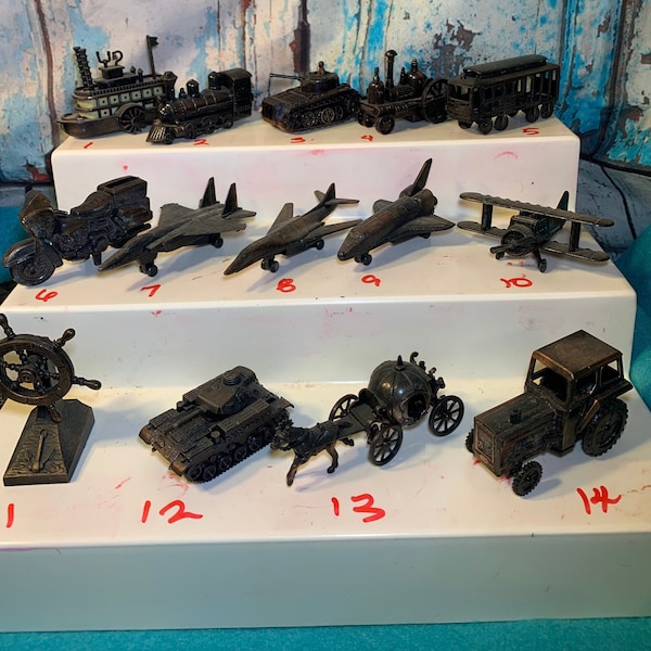 Vintage Miniature Die Cast Pencil Sharpeners - Transportation Steamboat train BiPlane Tank Trolley, Steam Engine, Carriage, Tractor and More