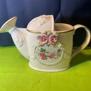 Ceramic Watering Can Planter Vintage Pink Roses and Gold Accents. Excellent Condition!